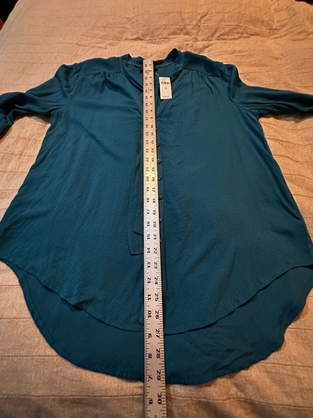 Anthropologie Teal Long-Sleeve Tie-Neck Blouse - Picture 9 of 13